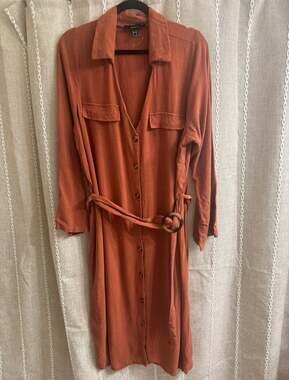 Forever 21+ Rust Button-Front Shirt Dress | Size 3X | Linen Blend Belted Midi Dr